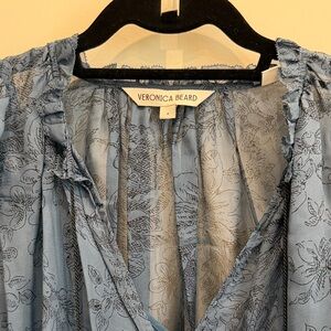 Veronica Beard Dusty Blue Floral Ruffle Top